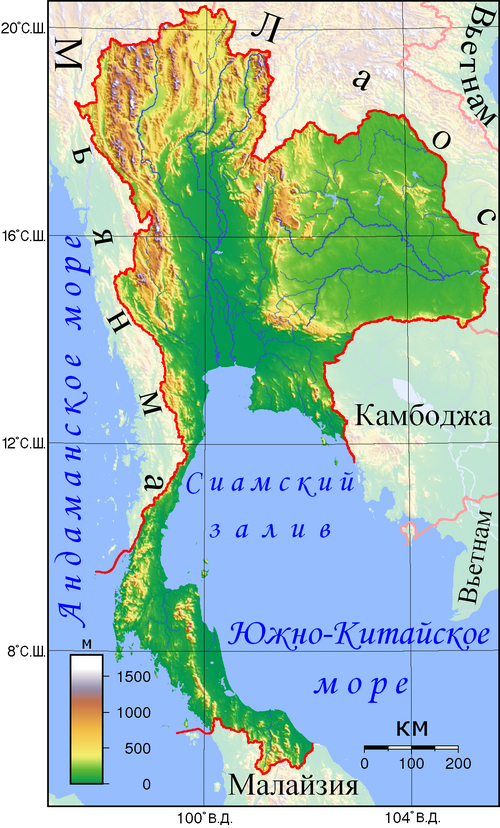 Tajlandia mapa fizyczna