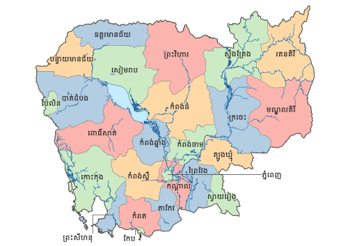 Mapa Kambodży - 25 prowincji i miasta