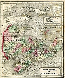 1857 Ręcznie Kolorowana Mapa Nowej Szkocji i Nowego Brunszwiku