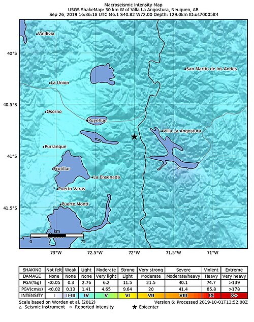 Mapa wstrząsów trzęsienia Villa La Angostura M6.1