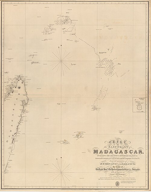 Admiralty Chart nr. 677 - Wschodni brzeg Madagaskaru z wyspami Mauritius i Seszele (1828)