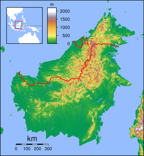 Borneo - mapa topograficzna z lokalizacją