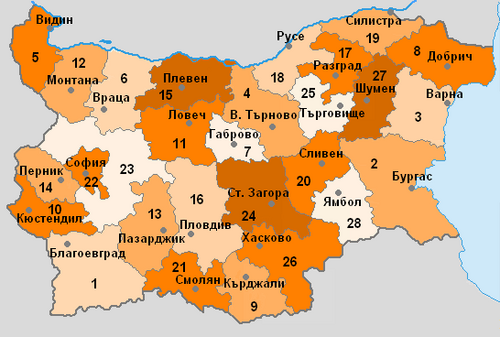 Mapa administracyjna Bułgarii 1998