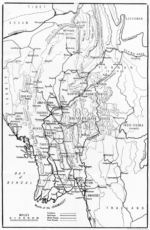 Birma - mapa granic, kolei i dróg, 1941