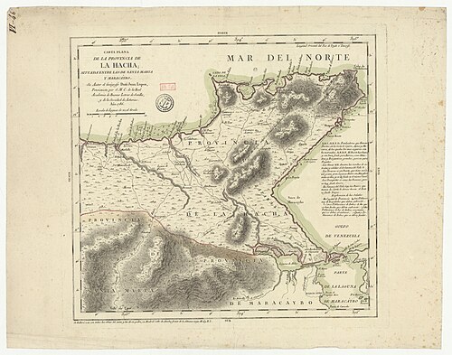 Mapa płaska prowincji La Hacha między Santa Martą a Maracaybo