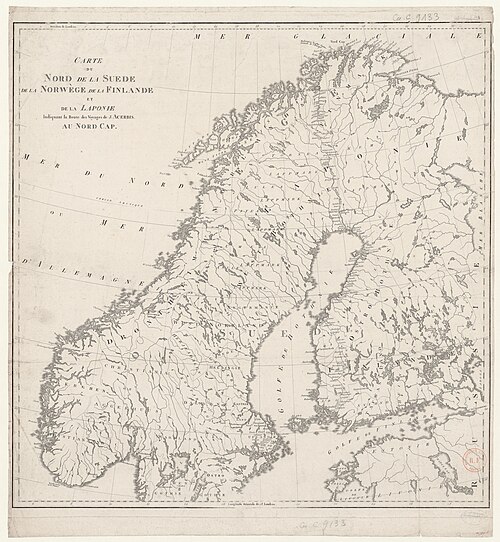 Mapa północnej Szwecji, Norwegii, Finlandii i Laponii z trasą Acerbiego