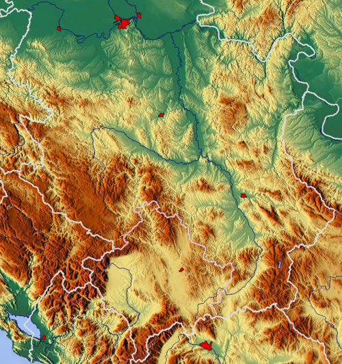 Mapa topograficzna Serbii Centralnej