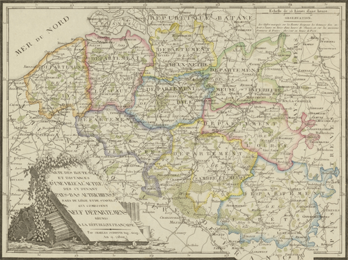 Mapa dróg i odległości Niderlandów Austriackich i francuskich departamentów
