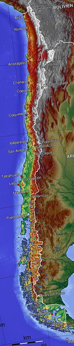 Chile - Wąska mapa topograficzna