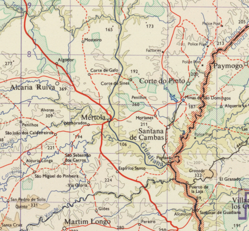 Gmina Mertola na mapie wojskowej 1965