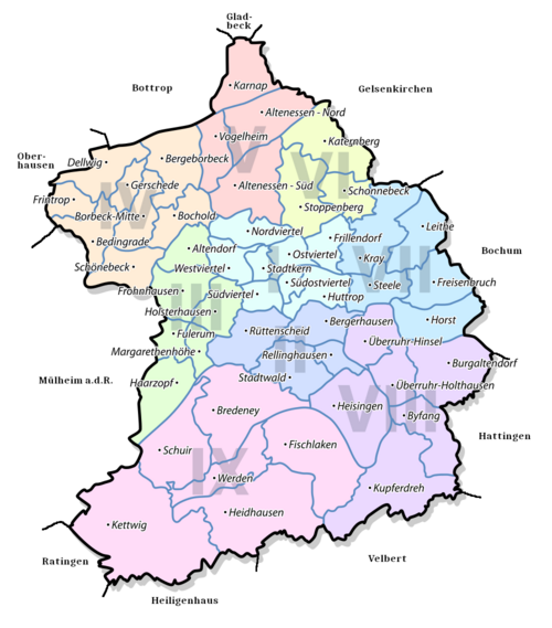 Essen - dzielnice, okręgi i miasta sąsiednie