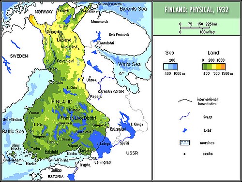 Finlandia 1932 Mapa Fizyczna