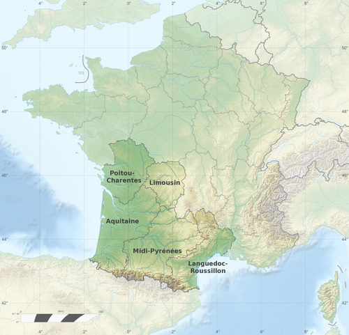 Francja - mapa Relief południowy zachód