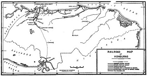 Mapa kolei żelaznej Honduras 1925