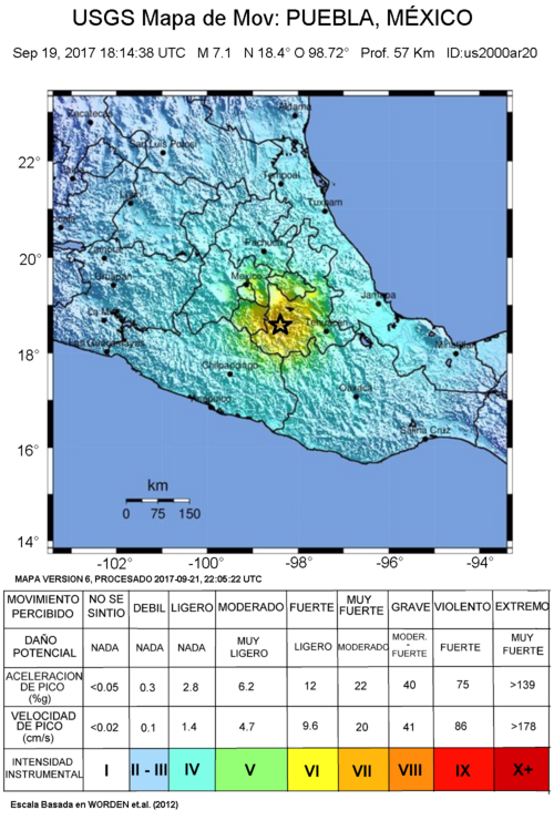 Intensywność trzęsienia ziemi w Puebli, USGS
