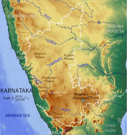 Mapa fizyczna Karnataki