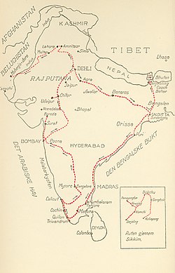 Mapa z zaznaczoną trasą podróży w Indiach