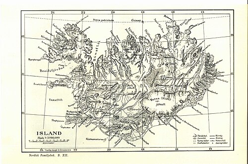 Mapa Islandii z Nordisk familjebok