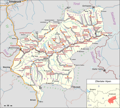 Mapa Alp Zillertalskich