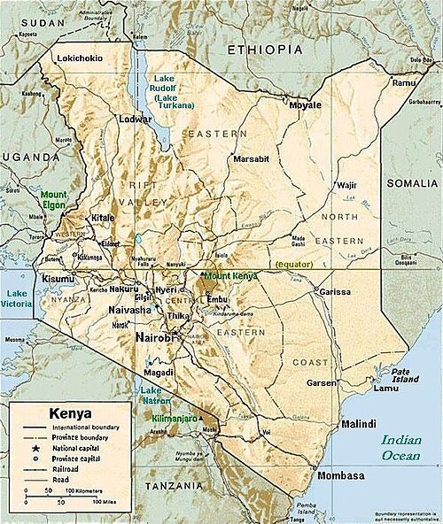 Kenia - mapa rzeźby z miastami