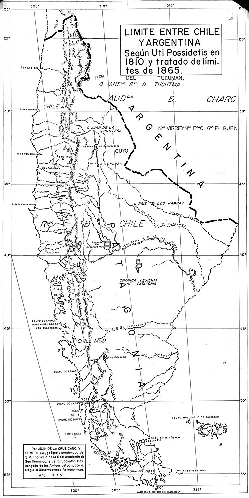 Granica Chile-Argentyna wg Uti Possidetis 1810 i traktat 1865