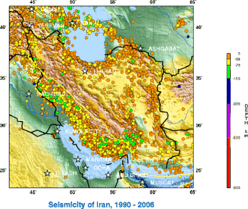 Mapa trzęsień ziemi w Iranie 1990