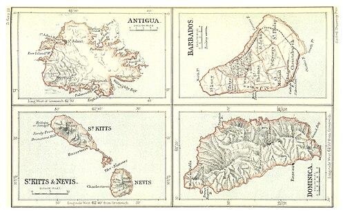 Mapa Antigua, Barbados, St. Kitts 1888