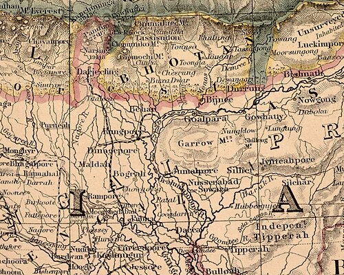 Mapa Bhutanu z Tybetem, Indiami i Nepalem