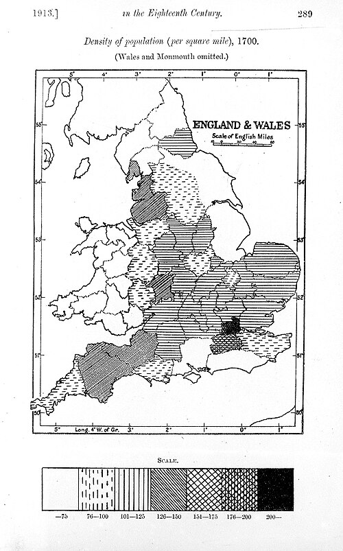 Mapa Anglii i Walii - populacja 1700s