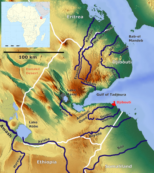 Mapa rzek i wadi w Dżibuti (OSM)