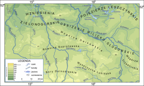 Mapa części Niziny Śląsko-Łużyckiej i Wału Trzebnickiego