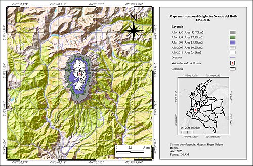 Mapa wieloczesowa lodowca Nevado del Huila