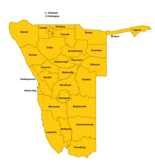 Namibijskie okręgi sądowe – z etykietami