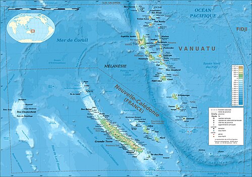 Mapa batimetryczna i topograficzna Nowej Kaledonii i Vanuatu