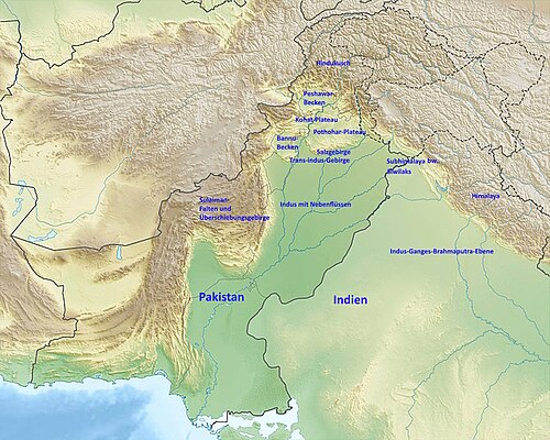 Mapa reliefu Pakistanu z opisami