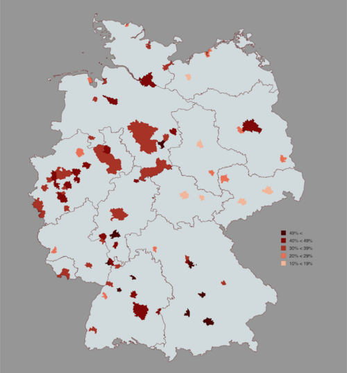 Udział osób z tłem migracyjnym w miastach niemieckich powyżej 100 tys. w 2024