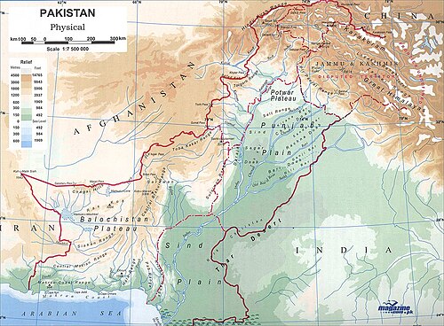Mapa fizyczna Pakistanu