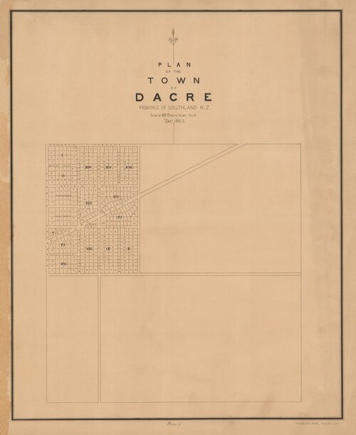 Plan miasta Dacre, prowincja Southland, N.Z. 1863