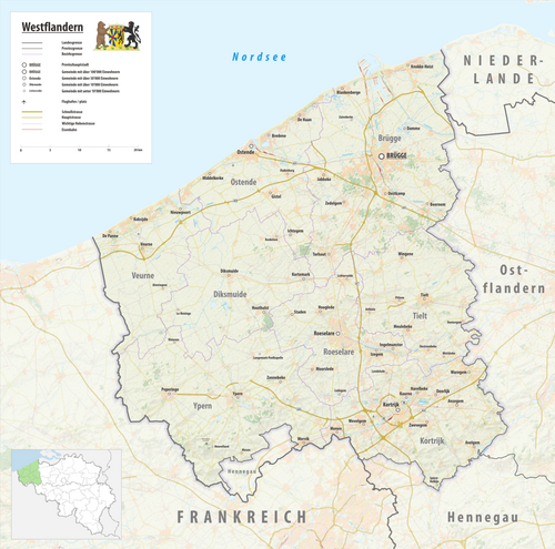 Mapa hipsometryczna prowincji Flandria Zachodnia 2025