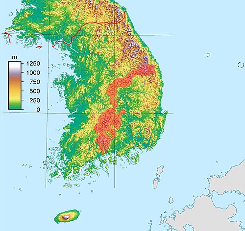 Mapa topografii Korei Południowej ze znacznikami gór Sobaek