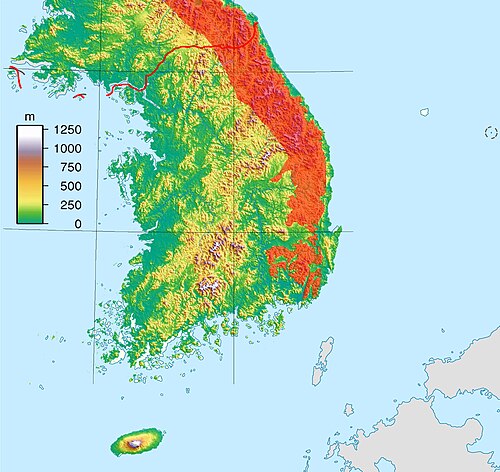 Mapa topografii Korei Południowej ze znacznikami gór Taebaek