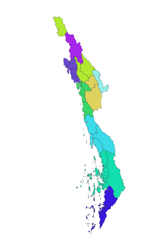 Mapa powiatów południowego Myanmaru