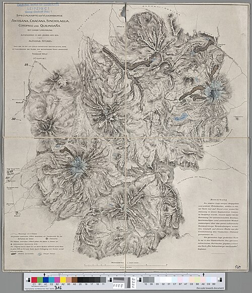 Specjalna mapa wulkanów Antisana, Chacana, Sincholagua, Cotopaxi i Quilindaña
