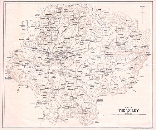Mapa Doliny Kathmandu, Nepal (Landon 1928)