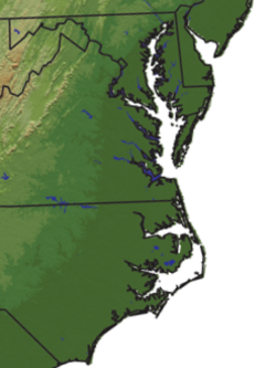 Mapa reliefu regionu Tidewater